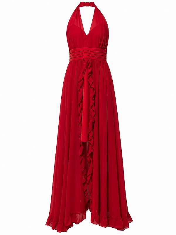 【新品DRESS 1964】フロントスリットホルターネックシフォンフレアロングドレス レッド【XT】